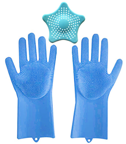 Magic Saksak Silicone Gloves Wash Scrubber Heat Resistant Cleaning Brush for Kitchen Bathroom Car Pet Grooming with Silicone Sink Strainer