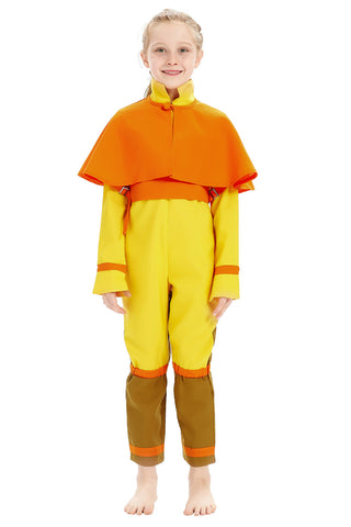 Aang Cosplay Costume Anime Superhero Jumpsuit Yellow Halloween Outfit with Shoulder Cape,Height 110-155cm
