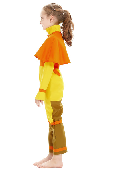 Aang Cosplay Costume Anime Superhero Jumpsuit Yellow Halloween Outfit with Shoulder Cape,Height 110-155cm