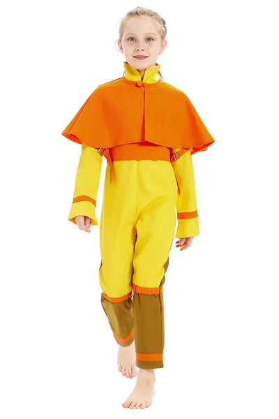 Aang Cosplay Costume Anime Superhero Jumpsuit Yellow Halloween Outfit with Shoulder Cape,Height 110-155cm