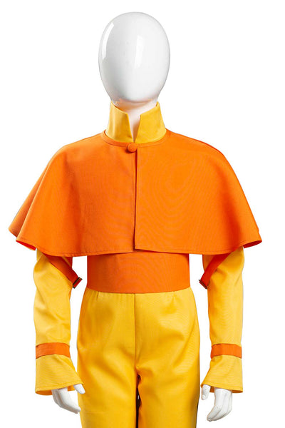 Aang Cosplay Costume Anime Superhero Jumpsuit Yellow Halloween Outfit with Shoulder Cape,Height 110-155cm