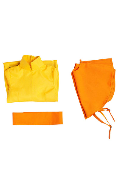 Aang Cosplay Costume Anime Superhero Jumpsuit Yellow Halloween Outfit with Shoulder Cape,Height 110-155cm