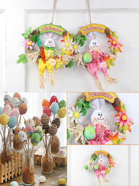 12 Inch Bunny Rabbit Front Door Easter Wreath Handmade Straw Foam Wreath Base Party Decorative Pendant