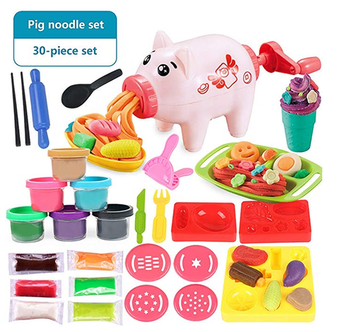 Pig DIY Colored Clay Handmade Noodles Maker Plasticine Dough Mould Play Set Kitchen Pretend Play Toys for Children, 30pcs