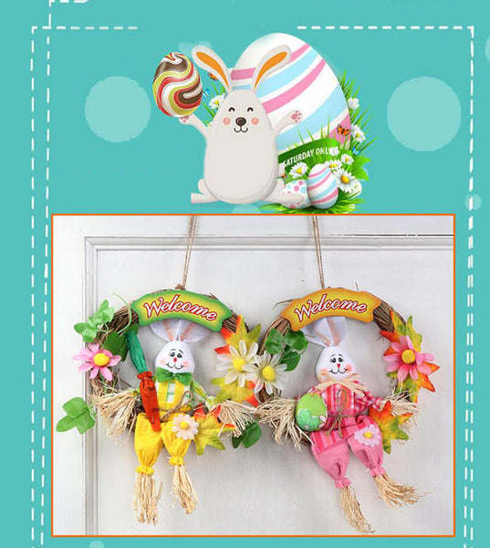 12 Inch Bunny Rabbit Front Door Easter Wreath Handmade Straw Foam Wreath Base Party Decorative Pendant