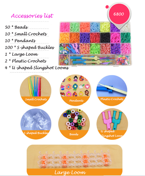 Upgrade Rainbow Rubber Bands Refill Kits, 6800+ Loom Bands in 22 Colors, 50 Beads, 10 Small Crochets, 10 Pendants, 100 S Buckles, 1 Large Loom, 2 Plastic Crochets, 4 U-shaped Slingshot Looms