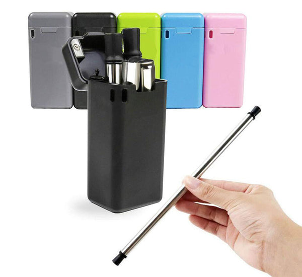 Collapsible Reusable Stainless Steel Straw, Portable Food-grade Silicone Foldable Straw with ABS Case Holder & Cleaning Brush Set