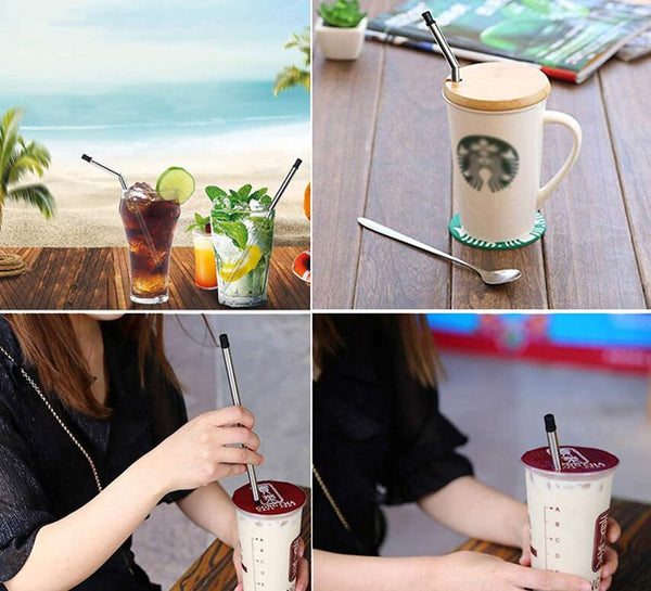 Collapsible Reusable Stainless Steel Straw, Portable Food-grade Silicone Foldable Straw with ABS Case Holder & Cleaning Brush Set