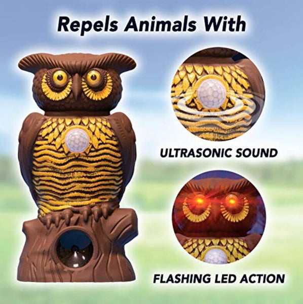 Owl Alert Realistic Owl Decoy - Pest Deterrent for Garden -Squirrel Repellent, Raccoon Repellent, Bird Repellent, Rodent Repellent - Plastic Owl Statue with Light-Up Eyes for Fence & Garden
