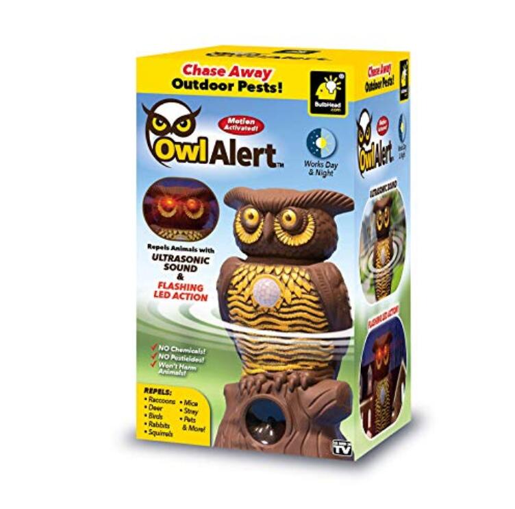 Owl Alert Realistic Owl Decoy - Pest Deterrent for Garden -Squirrel Repellent, Raccoon Repellent, Bird Repellent, Rodent Repellent - Plastic Owl Statue with Light-Up Eyes for Fence & Garden
